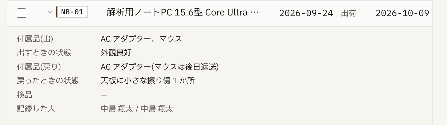 案件の明細でノート PC の行を開いたところ。付属品は出したとき「AC アダプター、マウス」、戻ったとき「AC アダプター(マウスは後日返送)」。状態は「外観良好」から「天板に小さな擦り傷 1 か所」