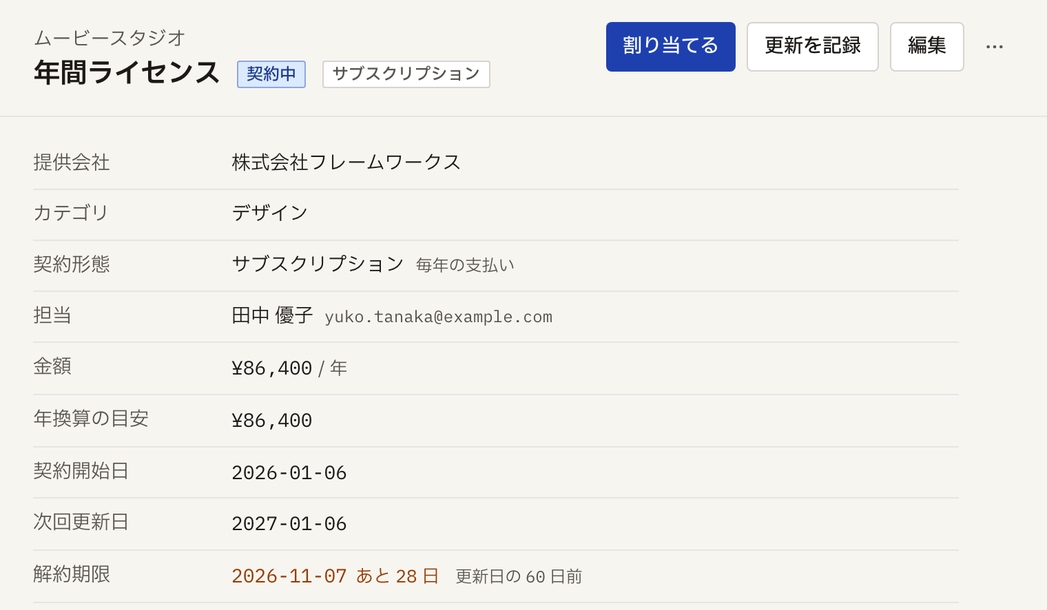 ライセンス管理アプリの契約詳細。年 86,400 円の年間契約で、次回更新日と、更新日の 60 日前に当たる解約期限（あと 28 日）